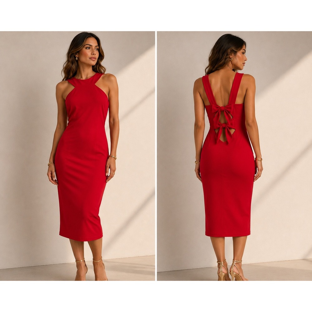 Nookie Red Midi Dress Siren Glam Old Money Date Night Bodycon Mob Wife Large NWT